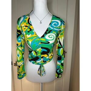 Zara Womens Retro Psychedelic Print Ruched Drawstring Crop Top Green Blue Small